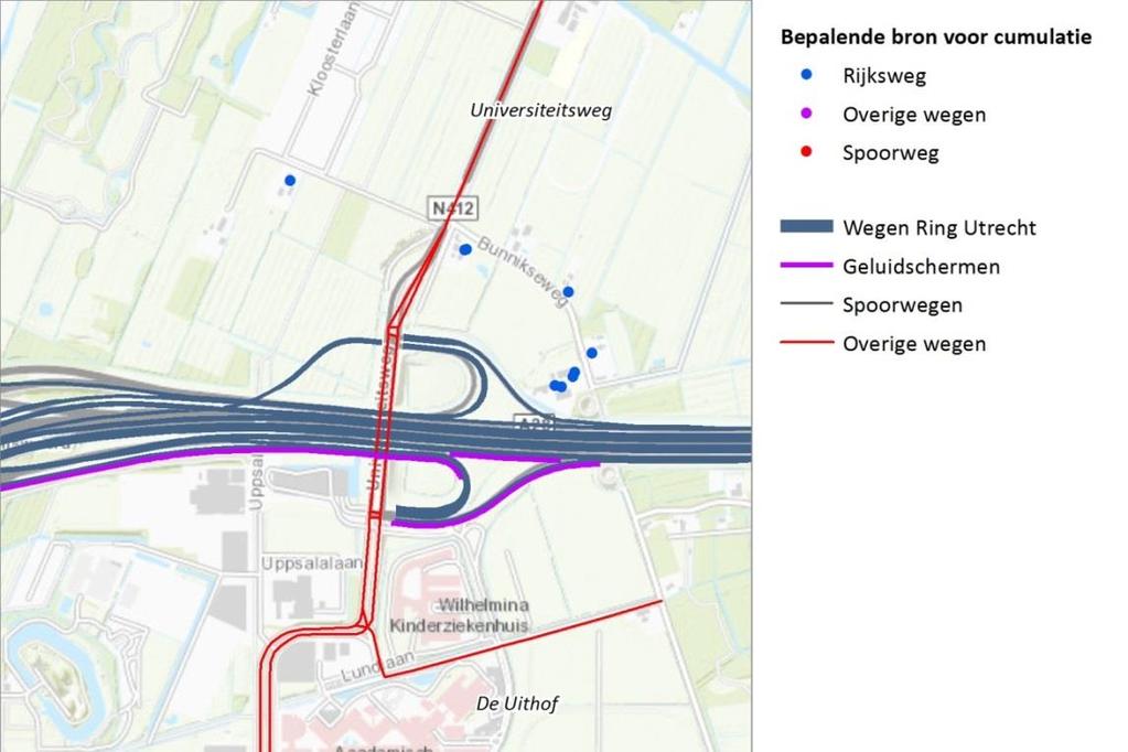 Omgeving Bunnikseweg, De Bilt Bij de woningen rond de Bunnikseweg wordt de hoogte van de cumulatieve geluidbelasting geheel bepaald door de rijksweg.