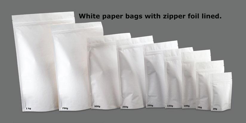 9 Wit papieren stazak met zipsluiting Onze wit papieren stazakken hebben een uiterste laag van mat wit papier, deze geeft de verpakking een milieuvriendelijke look en is verkrijgbaar met en zonder