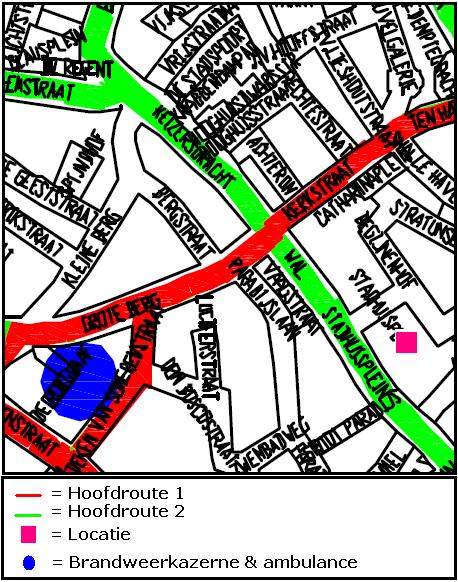 4.2 Toegankelijkheid (ereikaarheid voor hulpdiensten) Calamiteitenroutes zijn aanwezig. Route verloopt via de Wal naar Stadhuisplein (de straat). Groene route (zie afeelding).
