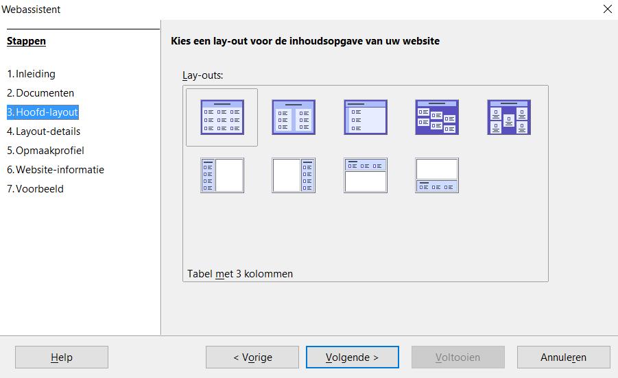 Afbeelding 5: Pagina Hoofd-layout van het dialoogvenster Webassistent 5) Klik op Volgende > om de lay-out te bewerken.