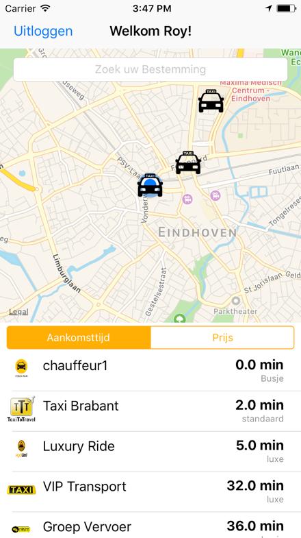 ETA & Prijs principe De gebruiker van de app is meestal op zoek naar: 1. De taxi die het snelst op locatie is. 2. De goedkoopste taxi naar bestemming.