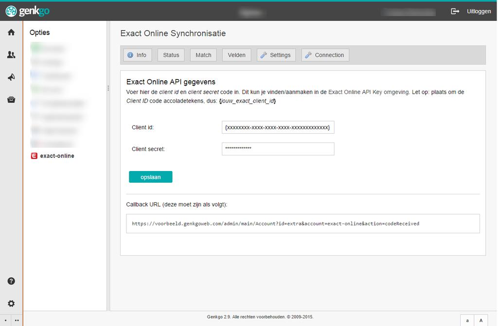 B. API gegevens toevoegen aan Genkgo Admin Nu gaan we de zojuist verkregen Exact gegevens invoeren in het Genkgo beheer. Navigeer naar Instellingen.
