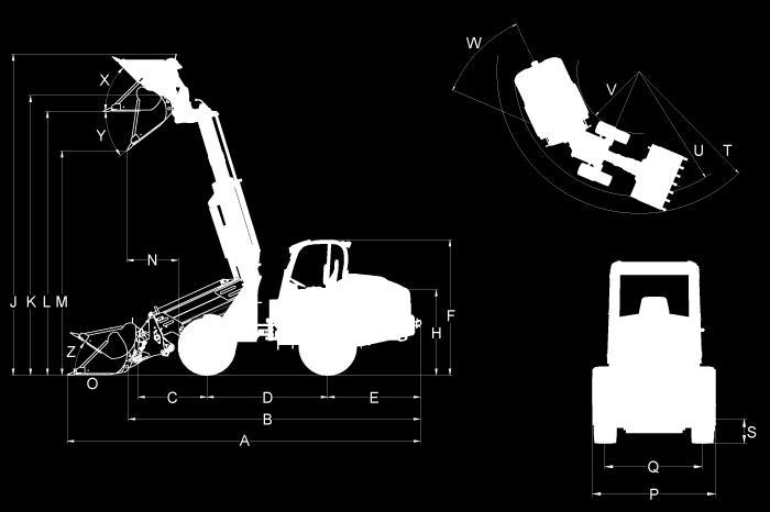 2080T Telescoopwiellader Afmetingen A Totale lengte 5.468 mm B Totale lengte (zonder bak) 4.689 mm C Asmidden tot bakdraaipunt 875 mm D Wielbasis 2.