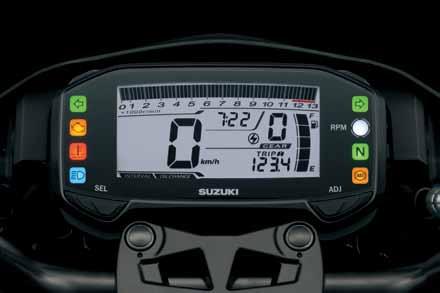 Multifunctioneel, volledig digitaal LCD dashboard De Suzuki GSX-S125A heeft een modern, volledig digitaal LCD display met controlelampjes voor de richtingaanwijzers, de neutraalstand, het