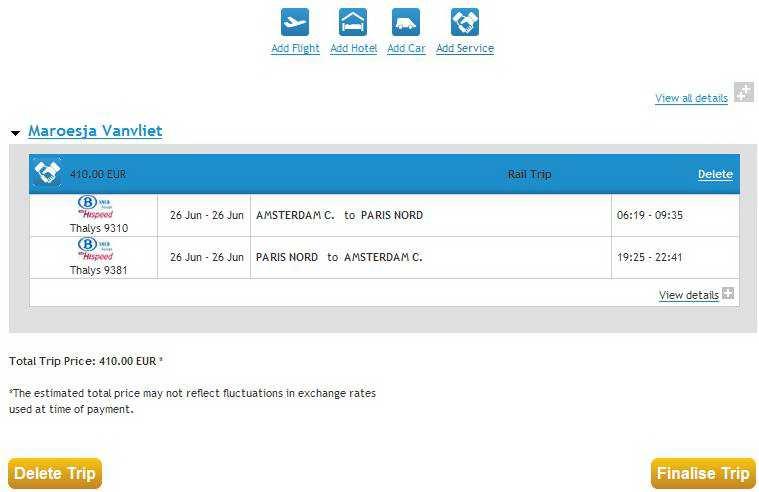 De Summary pagina toont het overzicht van de geselecteerde heen- en terugreis: Klik op View details en dan Full Trip details om specifieke informatie te bekijken