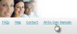 Contact Links bovenaan iedere AirGo pagina staat de AirGo helpdesk contact informatie.