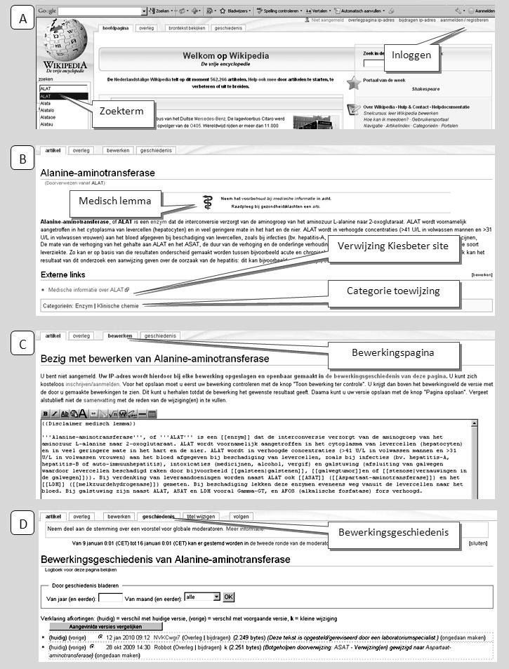 Figuur 1. Indeling van de verschillende tabbladen van een voorbeeldpagina (ALAT) op www.wikipedia.nl. A. Beginpagina van Wikipedia.