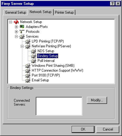 5-24 De Fiery instellen vanaf een Windows- computer Bindery Setup (Bindery-instellingen) Schakel op het tabblad Network Setup (Netwerkinstellingen) Bindery-services in of uit.