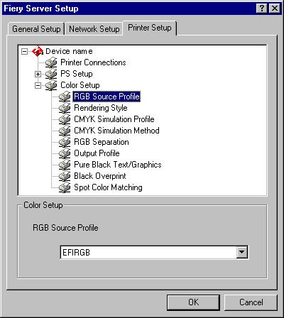 5-47 Opties van Printer Setup (Printerinstellingen) Fiery EX12 RGB Source Profile (RGB-bronprofiel) (alleen voor lokale Setup) Geef de RGB-bronruimte op die moet worden toegepast op RGB-gegevens.