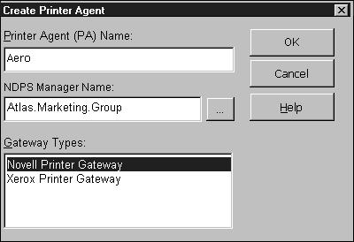 2-18 Netwerkservers instellen 4. Typ een naam in het veld Printer Agent (PA). 5. Selecteer onder Gateway Types de optie Novell Printer Gateway en klik op OK. 6.