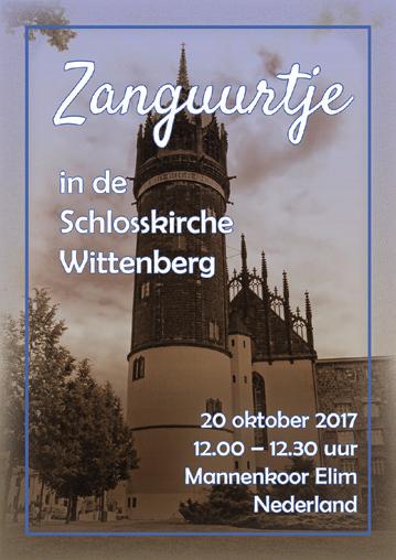 11.45 uur Verzamelen bij de Schlosskirche Schlosskirche Schlosspl. 1 06886 Lutherstadt Wittenberg 12.00 uur Aanvang Mittagssingen, aansluitend zingt het koor nog enkele liederen. 12.45 uur Verzamelen bij de opstapplaats Acron Hotel In de touringcar liggen lunchpakketten klaar.