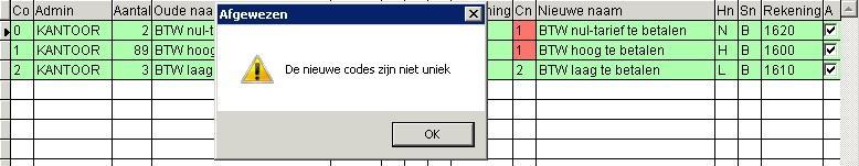 Als test veranderen we hier even de code 0 in een 1 en drukken op OK. Dan keren we in het overzicht terug: De nieuwe codes zijn rood omdat ze allebei 1 zijn. Zouden we nu op de knop Check!