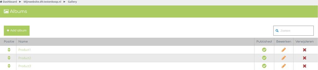 Beheer fotoalbums ten behoeve van de modulepagina Klik op Galerij om fotoalbums aan te maken en te beheren. Rechts krijg je het overzicht te zien.