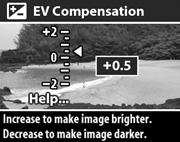 EV Compensation (Belichtingscompensatie) In moeilijke belichtingsomstandigheden kunt u met de optie EV (Exposure Value) Compensation (Belichtingscompensatie) de door de camera geselecteerde