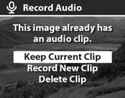 Als de huidige foto al een geluidsfragment bevat, krijgt u met de menuoptie Record Audio (Geluid opnemen) een submenu te zien waarin u kunt kiezen tussen het behouden van het huidige geluidsfragment,