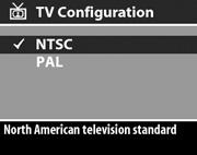 TV Configuration (Tv-configuratie) Met deze optie van het menu Setup (Instellingen) kunt u de indeling van het videosignaal instellen voor het weergeven van cameraopnames op een tv die is aangesloten