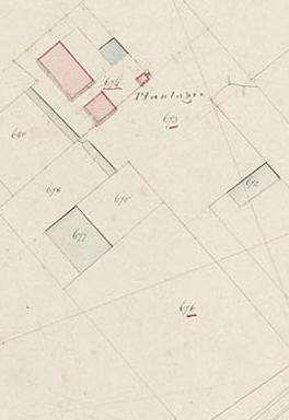Fragment Kadastrale kaart 1832. 1500 Gemeten. Blad 5. Sectie G nr. 674. Tekening van de Hofstede Plantagie in Mosselhoek door A. Hansum, landmeter 1 e klasse. Aan de hofstede behoort 46.90.