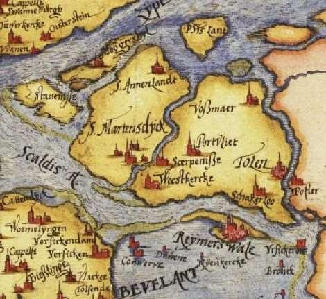 Fragment van de kaart van Sgrooten uit 1573. De punt rechts van Schakerloo is de polder Broodeloos.