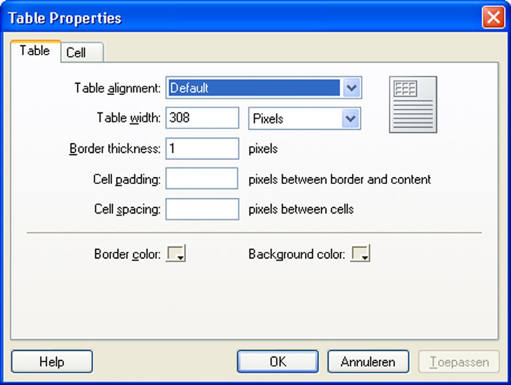 Een tabel uitlijnen Door met de rechtermuistoets op de tabel te klikken en uit het menu tableproperties te kiezen kan ook de tabel uitlijning (table alignment) worden ingesteld.