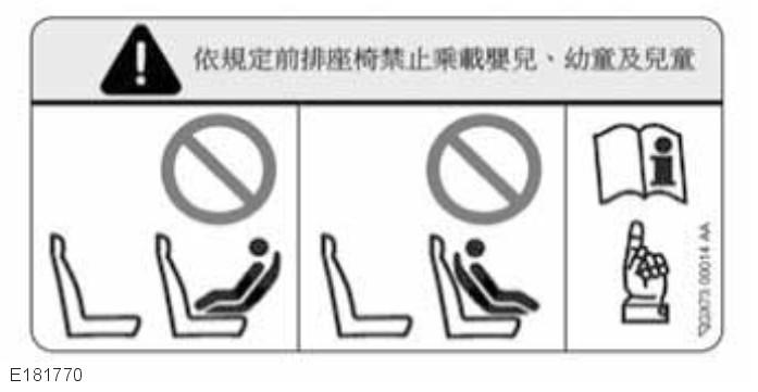 Het bovenstaande label is op de B-stijl aan de passagierszijde aangebracht. Het label waarschuwt dat een kind niet te dicht bij de zijairbag van de voorstoelen mag zitten.