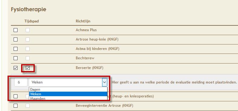 2. Tijdspad richtlijn Vanaf het tabblad praktijkbeheerder kan via Bestand Instellingen Richtlijnen overzicht een tijdspad worden aangegeven wanneer de doelen binnen het behandelplan geëvalueerd