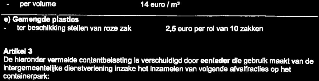 d) Snoelhout per volume e) Gemengde plastics ter beschikking stellen van roze zak 14 euro/m3 2,5 euro per rol van 10 zakken Artikel 3 De hieronder vermelde contantbelastlng Is verschuldigd door