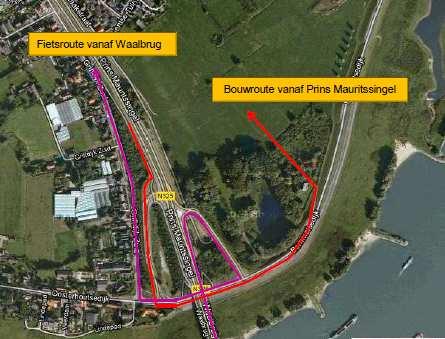 Voor de fietsers en voetgangers vanuit Nijmegen richting Lent wordt een omleiding ingesteld. Vanaf de Waalbrug gaan de fietsers en voetgangers via een lus naar de Bemmelsedijk en de Griftdijk Zuid.