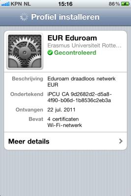 14. Het profiel wordt nu geinstalleerd. Als dit goed is gegaan krijgt u een bevestiging. Indien u nu toegang heeft tot het Eduroam Wi-Fi netwerk: gefeliciteerd!