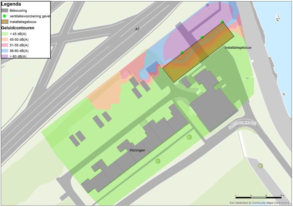 Akoestisch onderzoek scenario 2 Scenario 2: maximale omvang gebouw dichtst bij de woningen ventilatoren in noordelijke gevel Voldoet ruimschoots