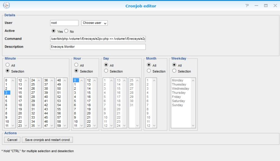 (waarbij het pad /volume1/enecsys/ het pad is waar de zip in stap 3 is uitgepakt) Starttijd: Kies iets na middernacht zodat het script opstart voordat de dag begint, bijvoorbeeld 00:03 Sla de taak op.