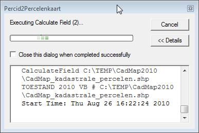 3.5 Start de bewerking met <OK>. Volg de bewerking in een nieuw venster Percid2Percelenkaart. Als alles goed loopt, verandert de knop <Cancel> op het einde van de bewerking naar status <Close>.