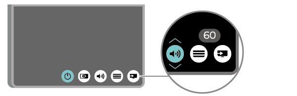 1 - Druk terwijl de TV is ingeschakeld, op de joysticktoets aan de achterkant van de TV om het basismenu weer te geven. 2 - Druk op links of rechts om Volume, Zender of Bronnen te selecteren.