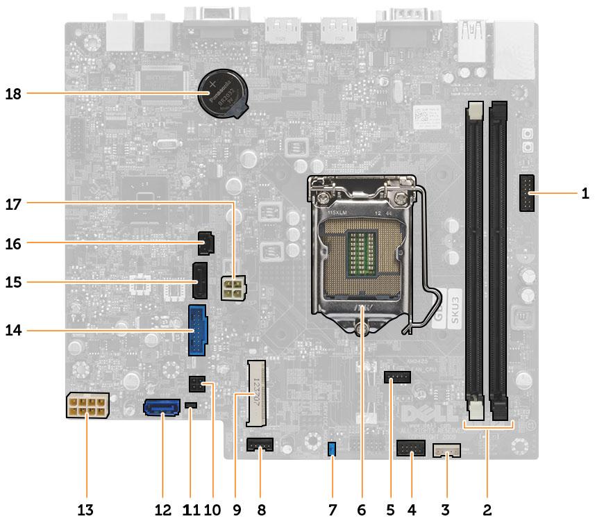 Indeling van het moederbord De onderstaande afbeelding toont de componenten van het moederbord. 1. Montagekader vooraan: aan-uitknopconnector 2. Connectoren voor geheugenmodule 3.