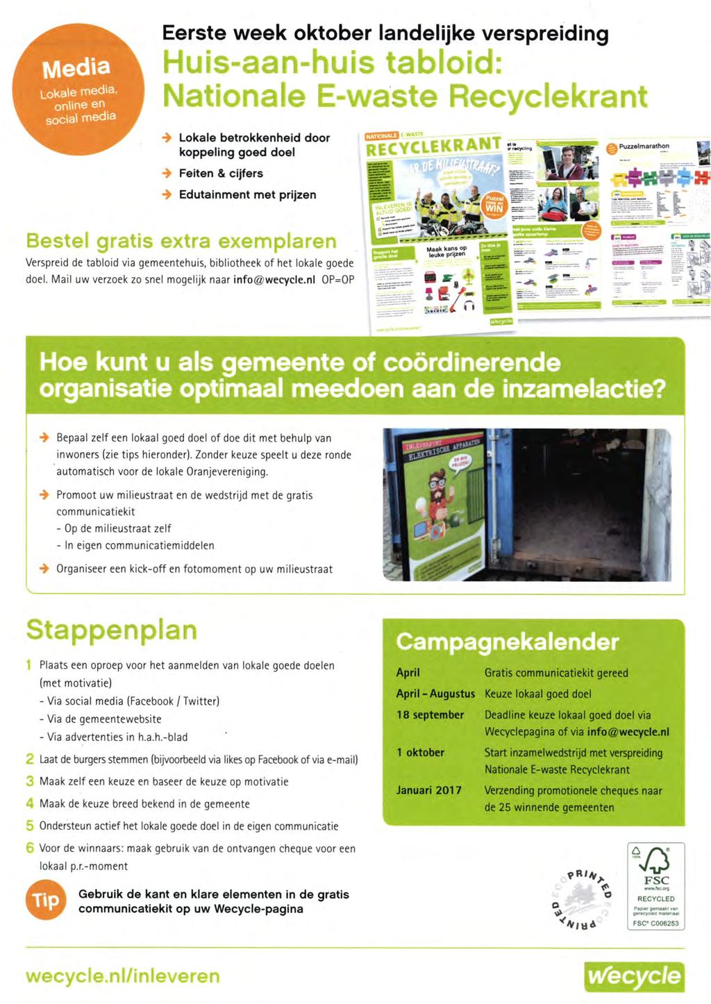 Media Lokale media, online en social media Eerste week oktober landelijke verspreiding Huis-aan-huis tabloid: Nationale E-waste Recyclekrant Lokale betrokkenheid door koppeling goed doel ^VCLEKRANT
