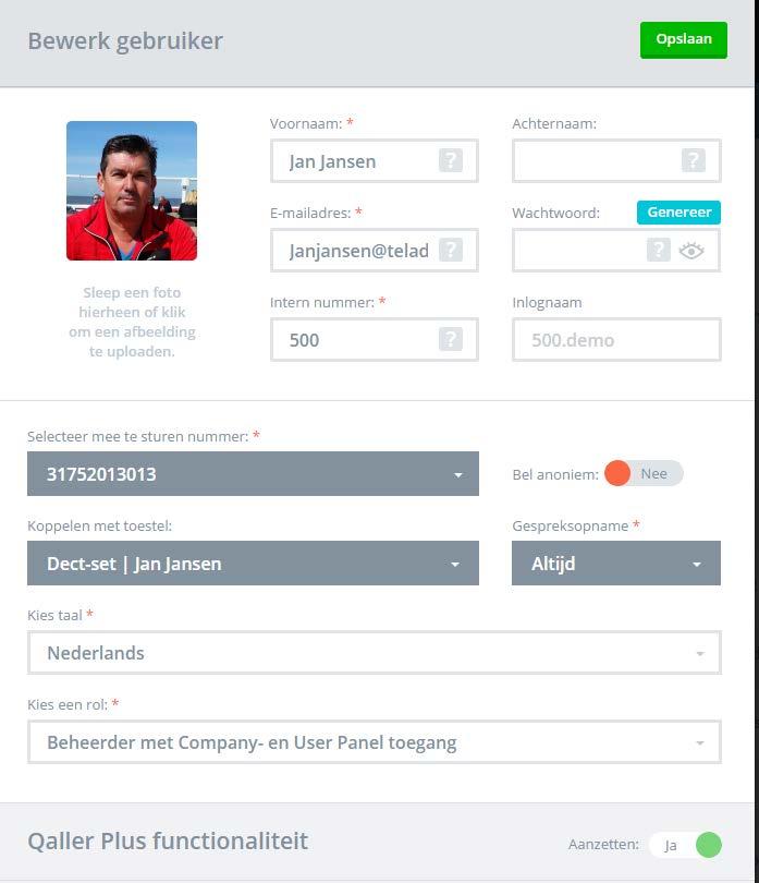 Wijzig de gebruiker en schakel Qaller Plus in en sla op Er wordt nu een