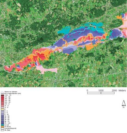 Eindscenario: een kaart van de zone Testelt-Aarschot met de verschillen tussen de gesimuleerde waterstanden in het eindscenario en in de huidige situatie (de overstroming van september 1998).