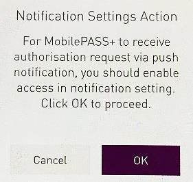 Wanneer de instelling Notification access wordt weergegeven, stelt u deze in op ON. c. Tik in het scherm Allow MobilePASS+ op OK.