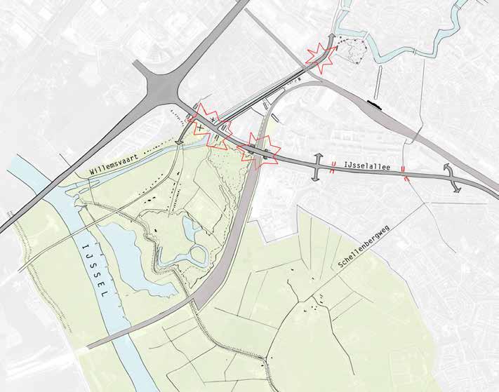 Spoorzone zwolle Ruimtelijke analyse en ontwerpopzet Ruimtelijke analyse: Isolement en fragmentatie Van IJsselbruggen tot binnenstad De Spoorzone ligt tussen de binnenstad en het landschap van de