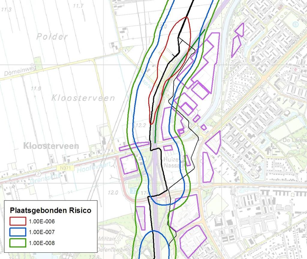 Externe veiligheid bestemmingsplan Groene Dijk te Assen 14 5. Resultaten aardgasleidingen 5.1. Plaatsgebonden risico Alleen voor leiding 000142 wordt een plaatsgebonden risicocontour berekend voor de grenswaarde van 1.