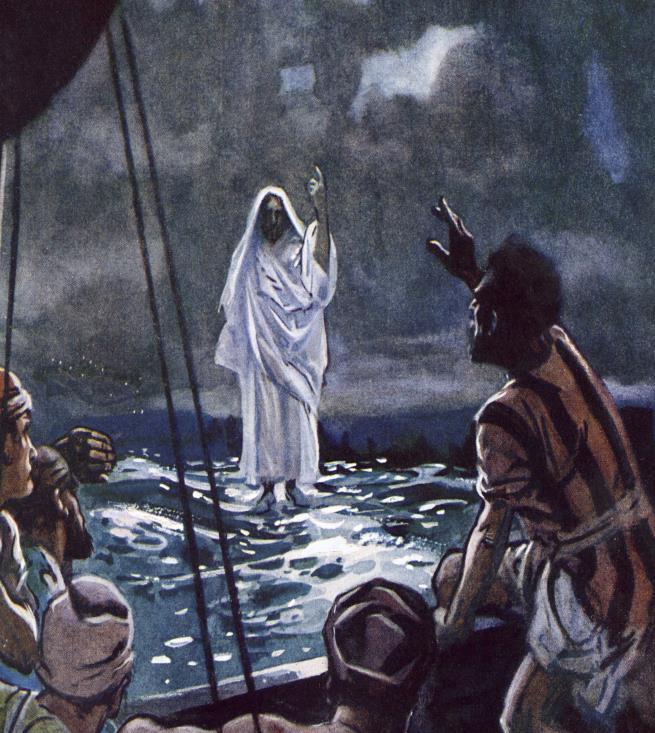 Mat. 14:25-33 kapot en stuk tot schoonheid en geluk 25 Tegen het einde van de nacht kwam hij naar hen toe, lopend over het meer.