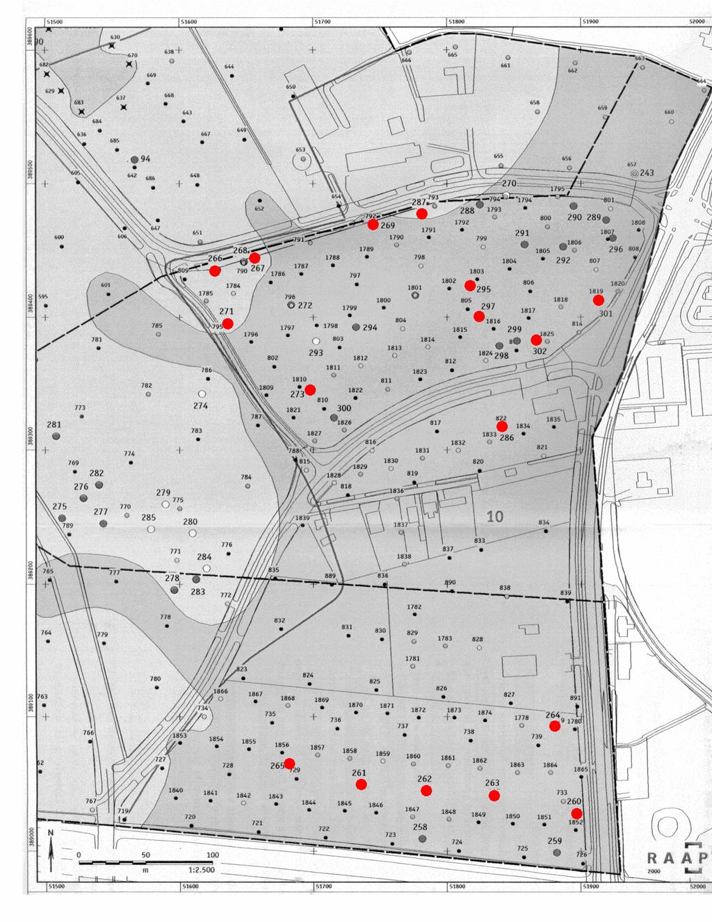 Afbeelding 6. SOB Research-bewerking van detailkaart Vindplaats 10, resultaten archeologisch onderzoek (origineel naar Schute e. a.: 2001, figuur 14).
