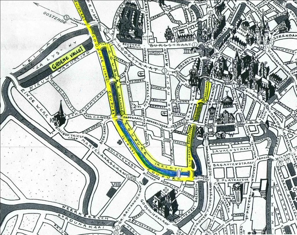 Mogelijkheid het fietspad vanuit Mariakerke en de Groene Vallei te verbinden met het centrum, Ajuinlei, Predikherenlei, Graslei, Korenlei, Kouter en Korenmarkt Het huidig fietspad langs Coupure Links