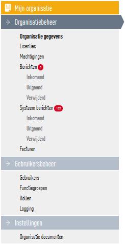 5.2 Menu-items van Mijn organisatie Mijn organisatie bestaat voor beheerders uit de volgende onderdelen (als bepaalde menu-items voor u niet zichtbaar zijn, moet uw rol worden aangepast): -