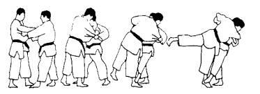 Sasae tsuri komi ashi : blokkeren van de vooruitkomende voet, wegstappen met de rechtervoet, linkervoet tegen de rechtervoet van uke, buik vooruit, uke maakt rechtse koprol Ko soto gari : links opzij
