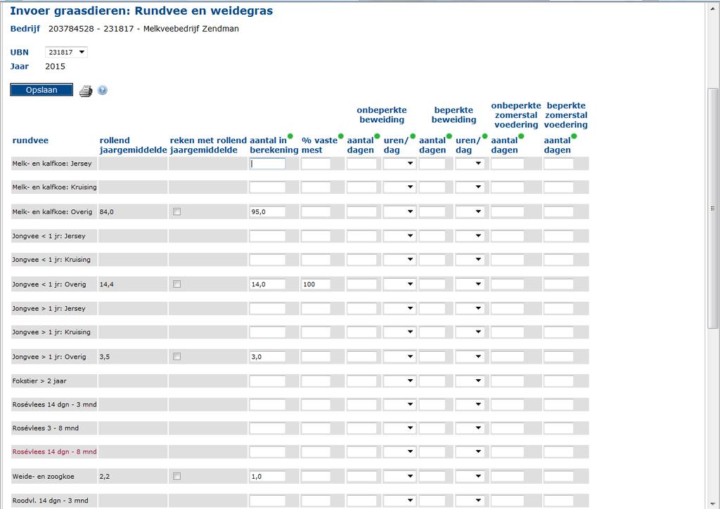 4. Graasdieren 4.1 Rundvee Op het scherm 4. Graasdieren Rundvee worden diverse rundveecategorieën vermeld. Per categorie is het gemiddeld aantal dieren van het afgelopen jaar berekend.