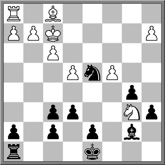 Bord 5: Wit: Frank Dujardin ( ELO 1751 ) Zwart: Sander ( ELO 1923 ) Deze stelling na de 19 e zet van wit, Pb6, is natuurlijk helemaal uit. Zwart vervolgt met: 19.