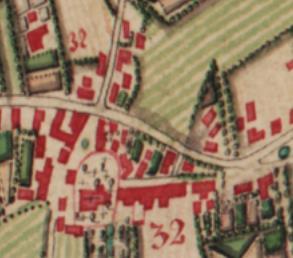 De ligging van de hoeve. Ferraris 1778 (raadpleegbaar in het DAN) Op de kaart van Ferraris zien we de kerk en het kerkhof links onderaan. De markt ligt direct ten noorden van het kerkhof.