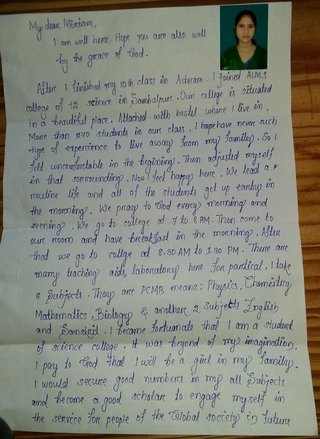 Brief van Manini aan haar Duitse penvriendin Miriam: De Duitse Miriam heeft dezelfde droom als Manini, ook zij wil arts
