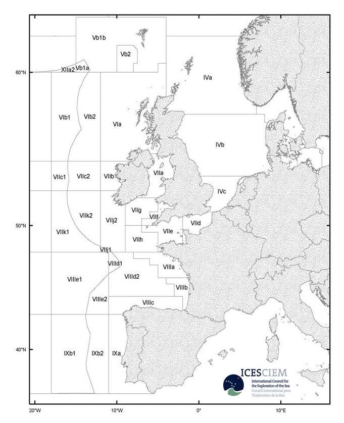 Kaart ICES-gebieden juni 2016 De Belgische