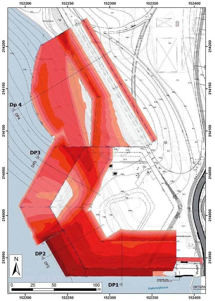 Figuur 1: Kaart met de voornaamste geplande ontgravingen in het projectgebied aangeduid in het rood.
